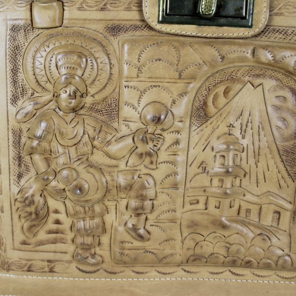 VTG AZTEC MEXICAN LEATHER FIESTA Purse Large Handtooled Tan Leather Shoulder Bag